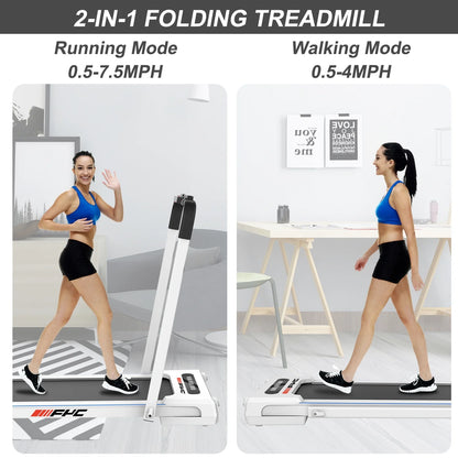 2.5HP under Desk 2 in 1 Folding Treadmill for Home Office, Foldable Compact Electric Walking Running Machine W/ Remote Control & LED Display, Walking Running Jogging (White)